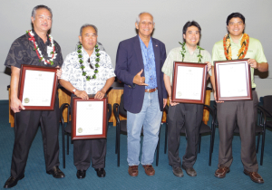 (L to R) Jimmy Kurata, Dept. of Accounting and General Services; Will Tungol, Dept. of Human Services; Senator Gabbard; Brandon Matsuoka (standing in for Paulette Abe), House Sgt. of Arms; Jon Chin, Dept. of Business, Economic Development, and Tourism